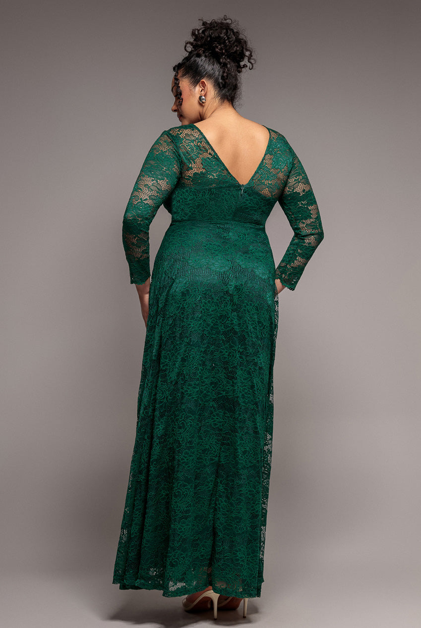 Goddiva Plus Scalloped Lace A-Line Maxi Dress - Emerald Green