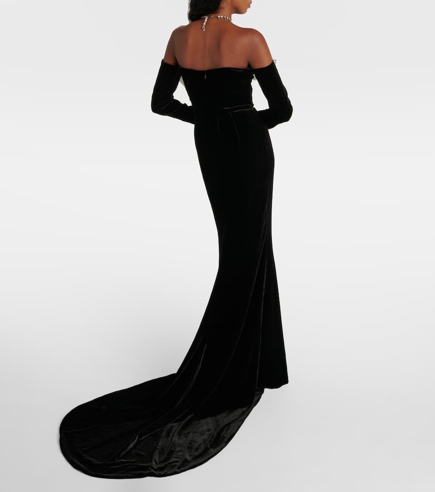 Bow-detail off-shoulder velvet gown