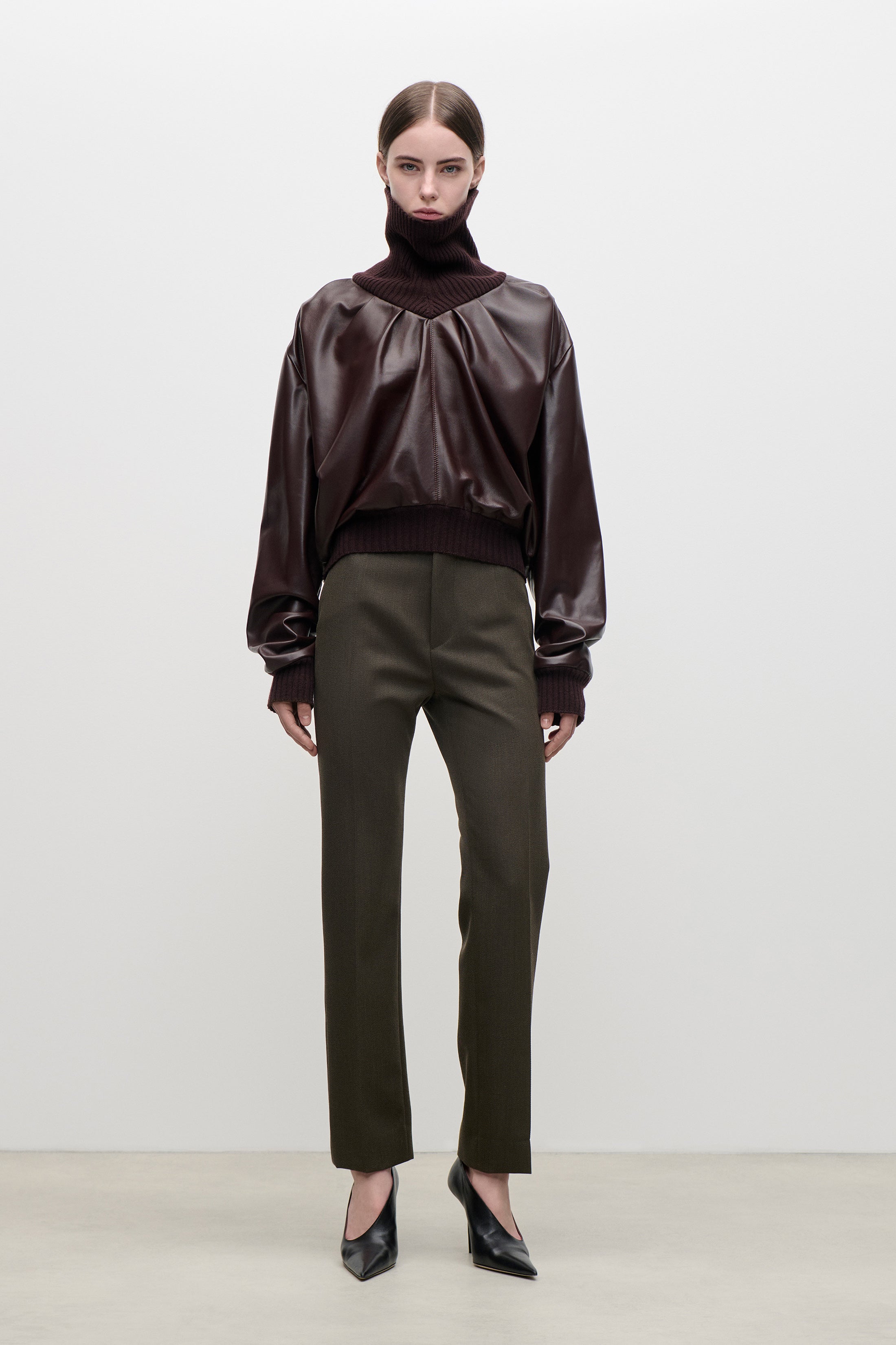 Victoria Beckham Knitted Collar Leather Top In Burgundy - L - Women