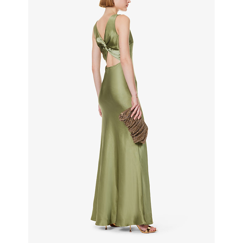 Womens Moss Green Twist-back V-neck Satin Maxi Dress