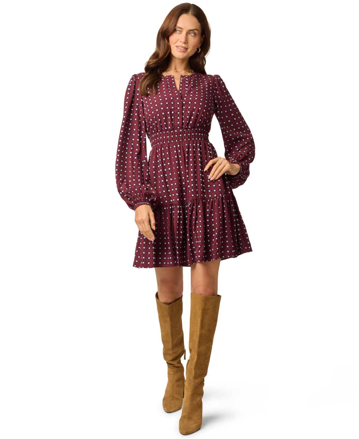 Women's Sophia Long-Sleeve A-Line Split Neck Dress - Cherry Multi