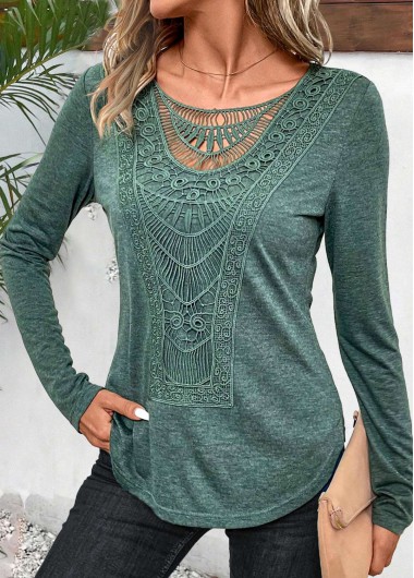 Modlily Sage Green Lace Long Sleeve Round Neck T Shirt