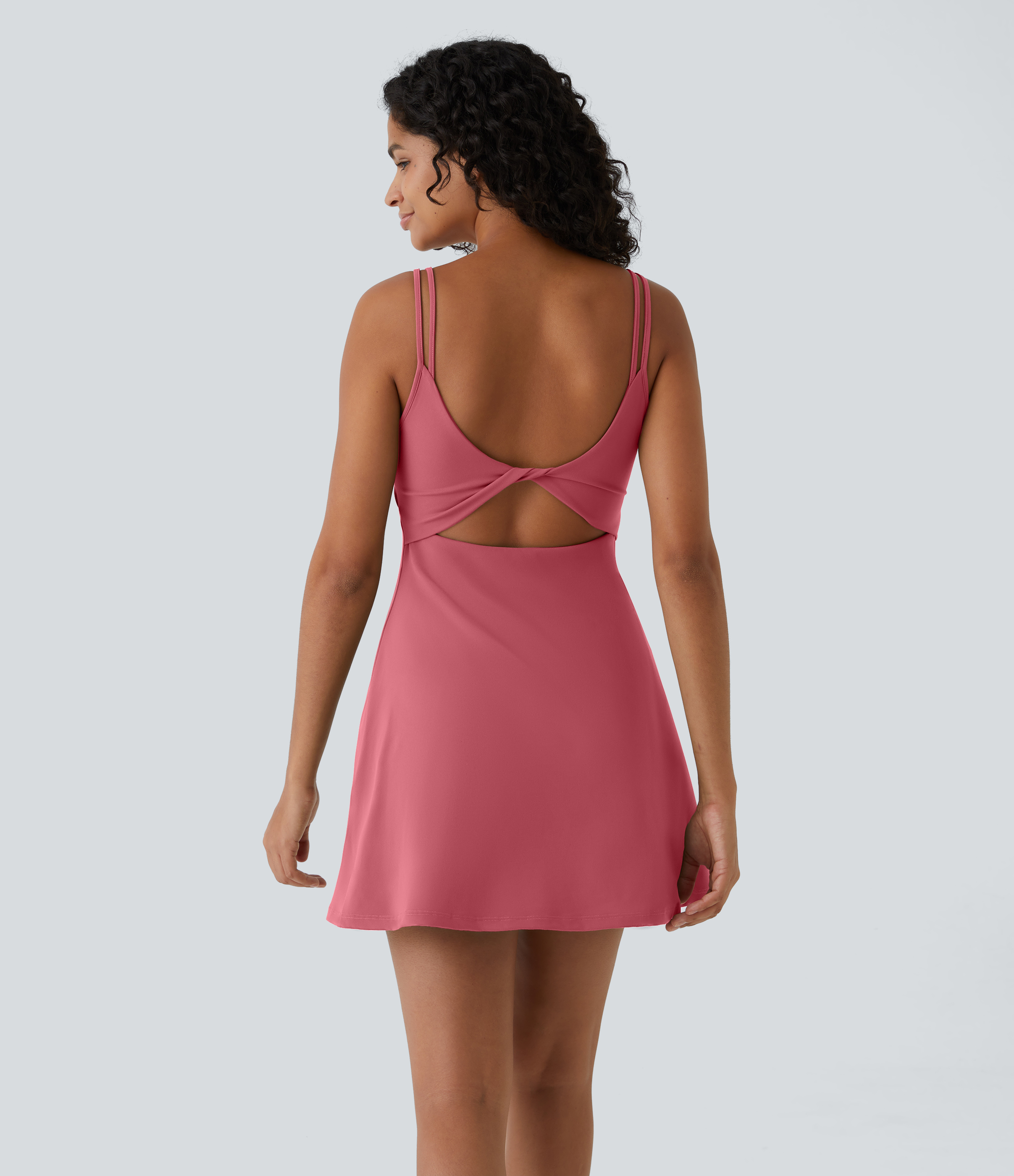 SoftlyZero™ Plush Double Straps 2-Piece Pocket Slip Dance Active Dress A-C Cups Workout Dress - Begonia Rouge