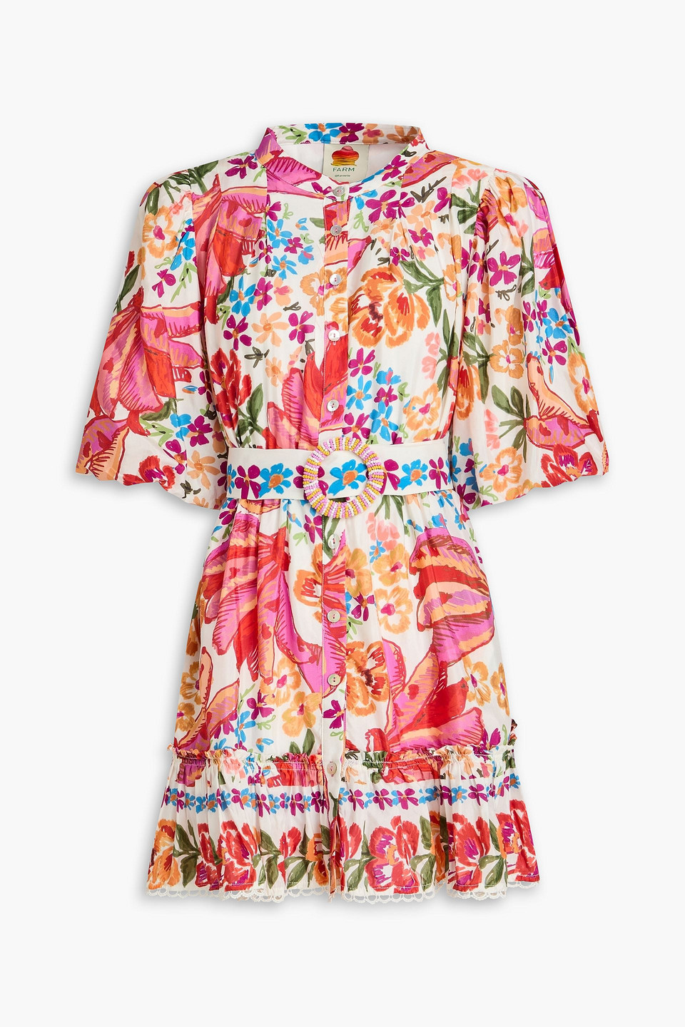 Belted floral-print cotton-blend mini dress - Multicolor - L