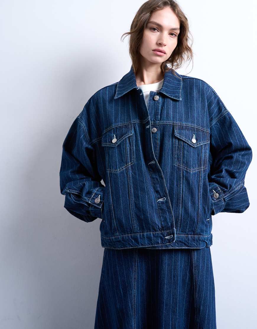 Denim balloon sleeves jacket in indigo stripes-Blue
