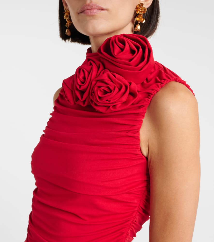 Floral-appliqué ruched jersey gown
