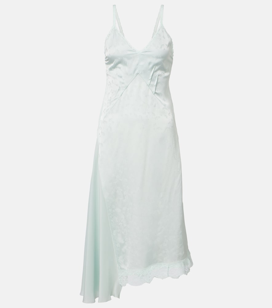 Asymmetric lace-trimmed jacquard slip dress