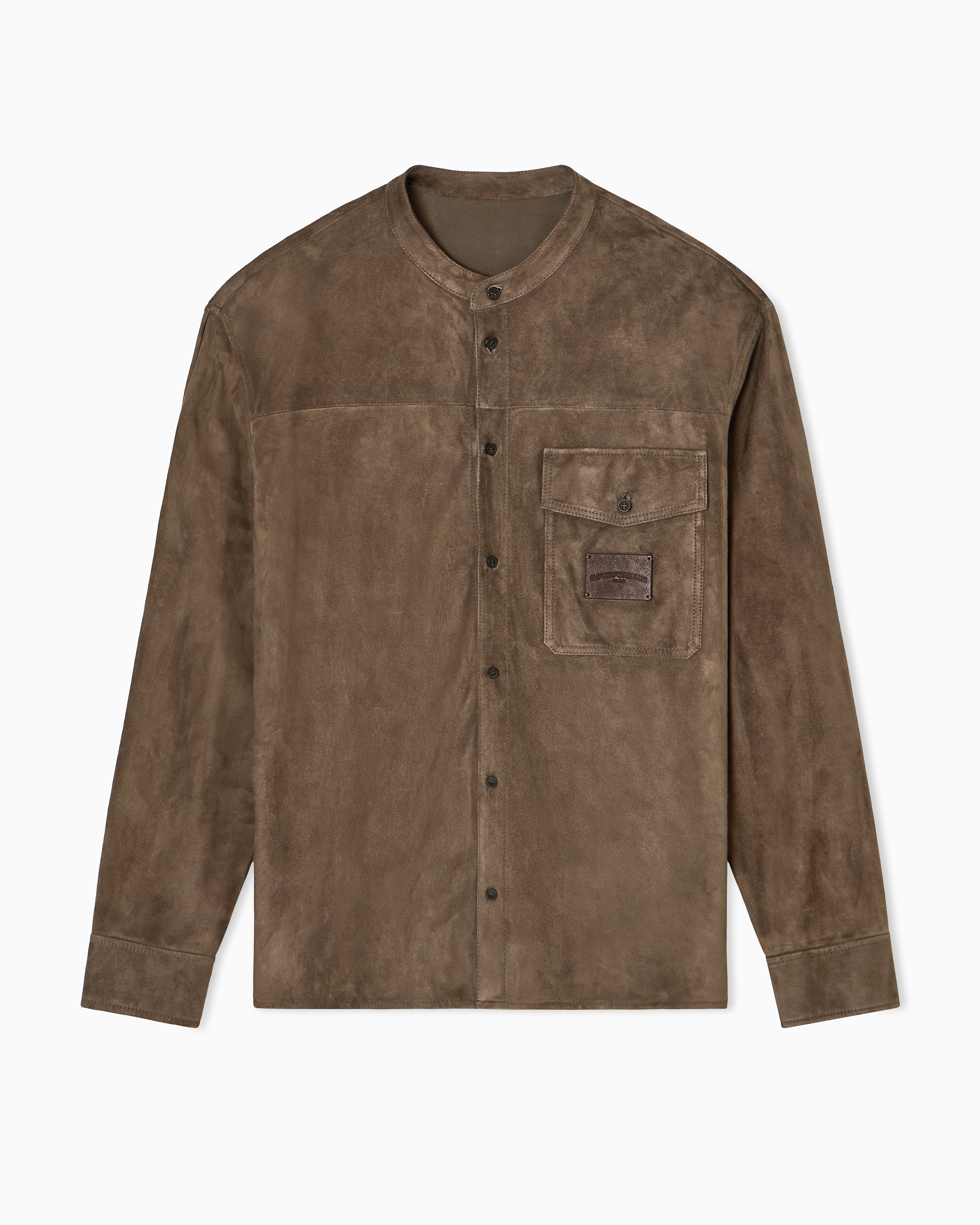 Goat suede shirt jacket with guru collar