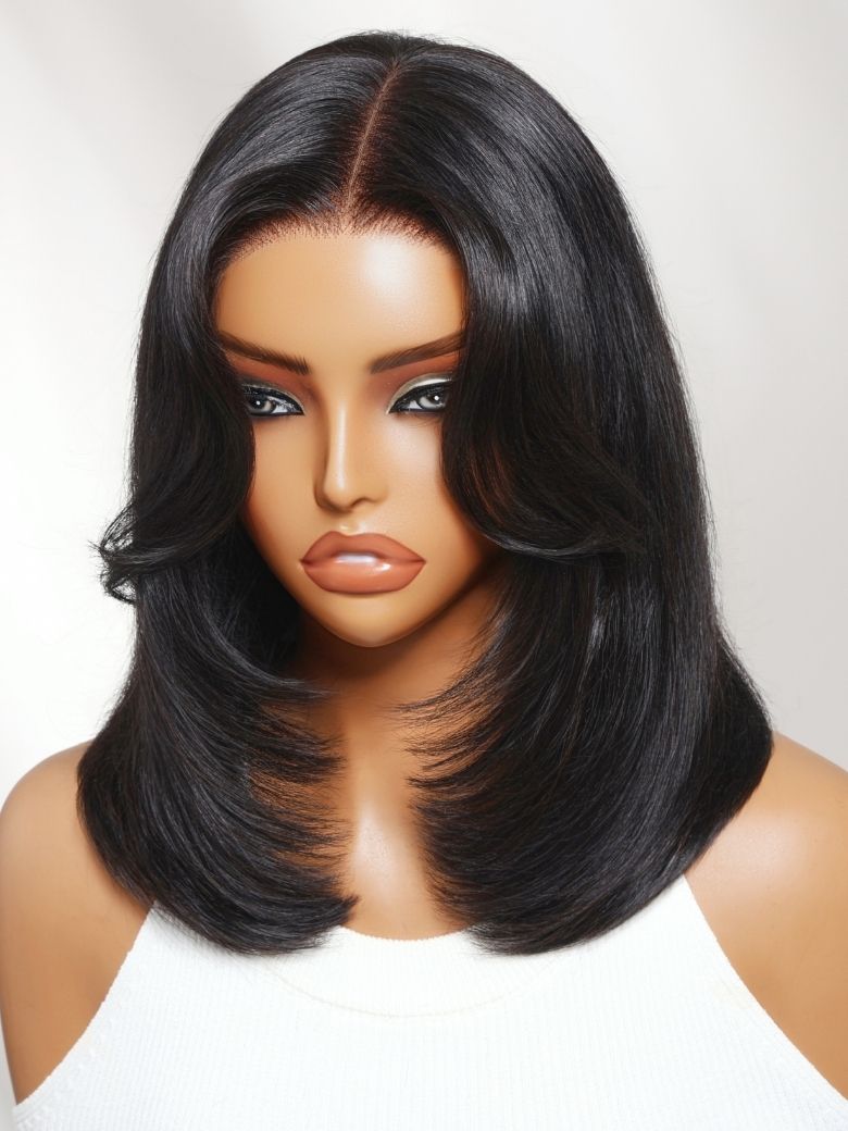 UNice 7x5 Bye Bye Slip™ Lace Black Blowout Layered Bob Wig with Curtain Bang