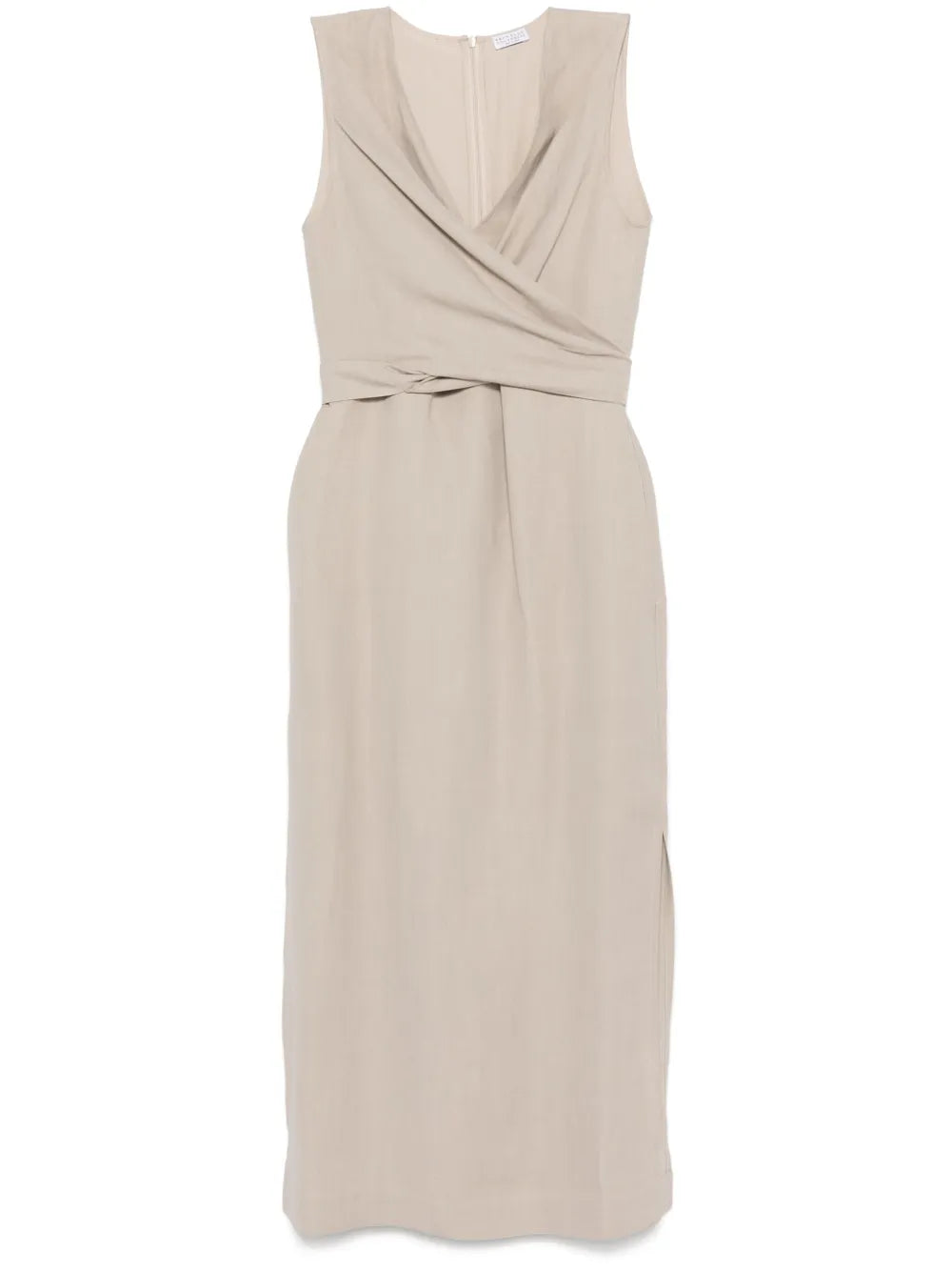 Wrap-Effect Midi Dress — Beige