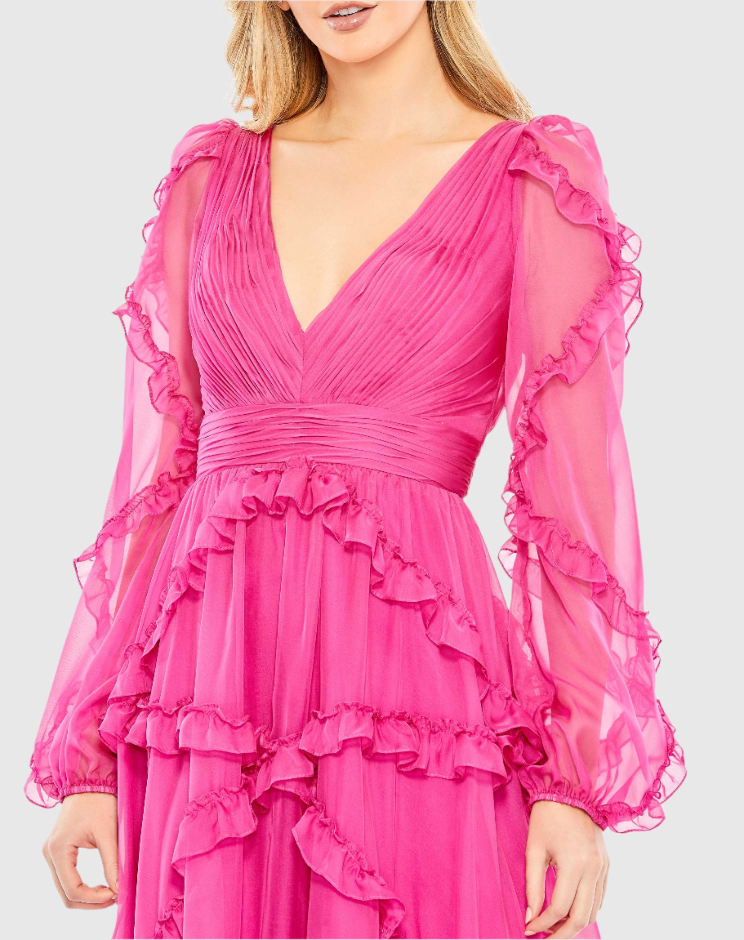 Pink Cascade Ruffle Puff Sleeve A Line Wedding Guest Maxi Gown In Pink