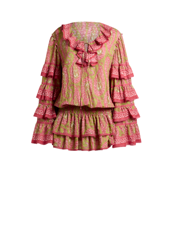 Mini Dress In Cotton Dotted Swiss With Ruffles And Paisley Foliage Motif