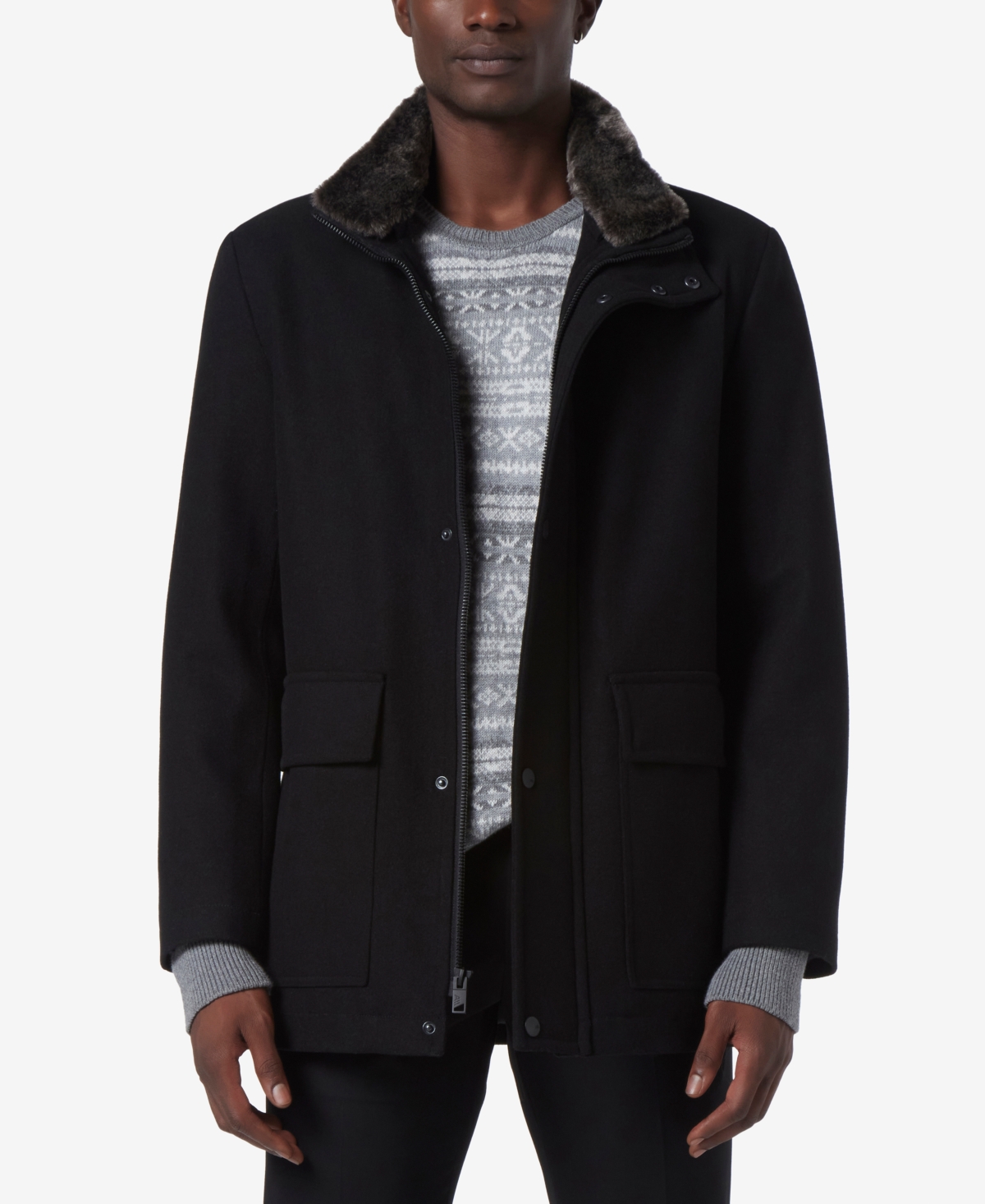 Men's Brooks Melton Wool Car Coat with Faux Fur Collar - Black