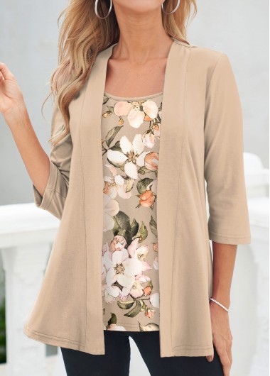 Modlily Light Coffee Floral Print Fake Two Piece Twinset