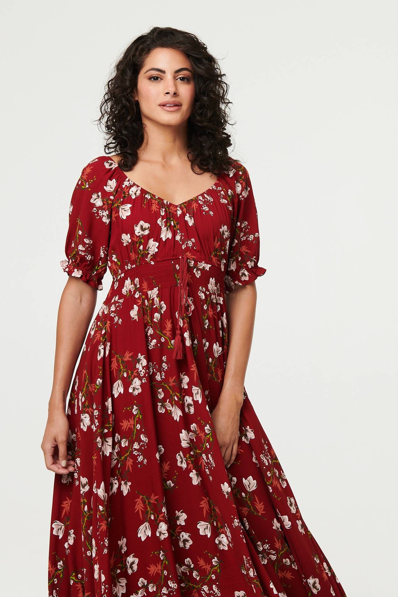 Izabel London Women's Floral Bardot Shirred Empire Maxi Dress in Red