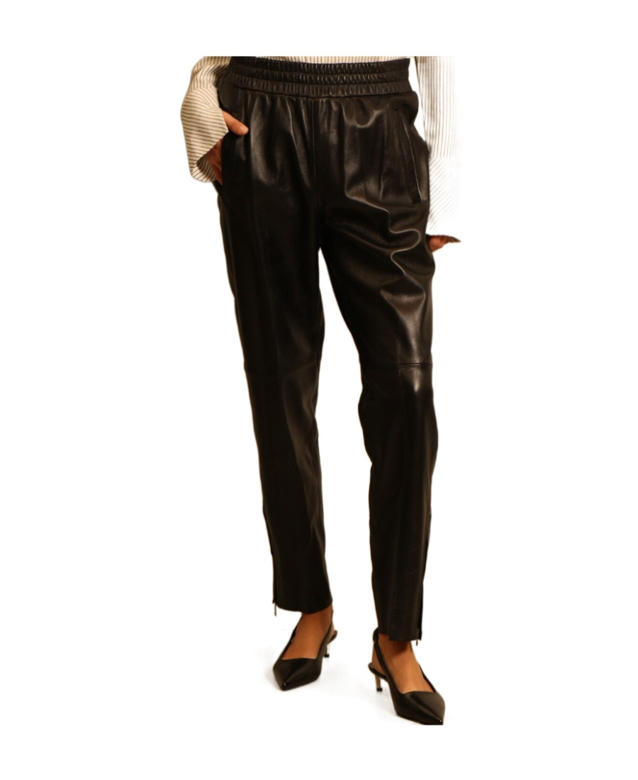 Black joggers in nappa leather with zip at the base