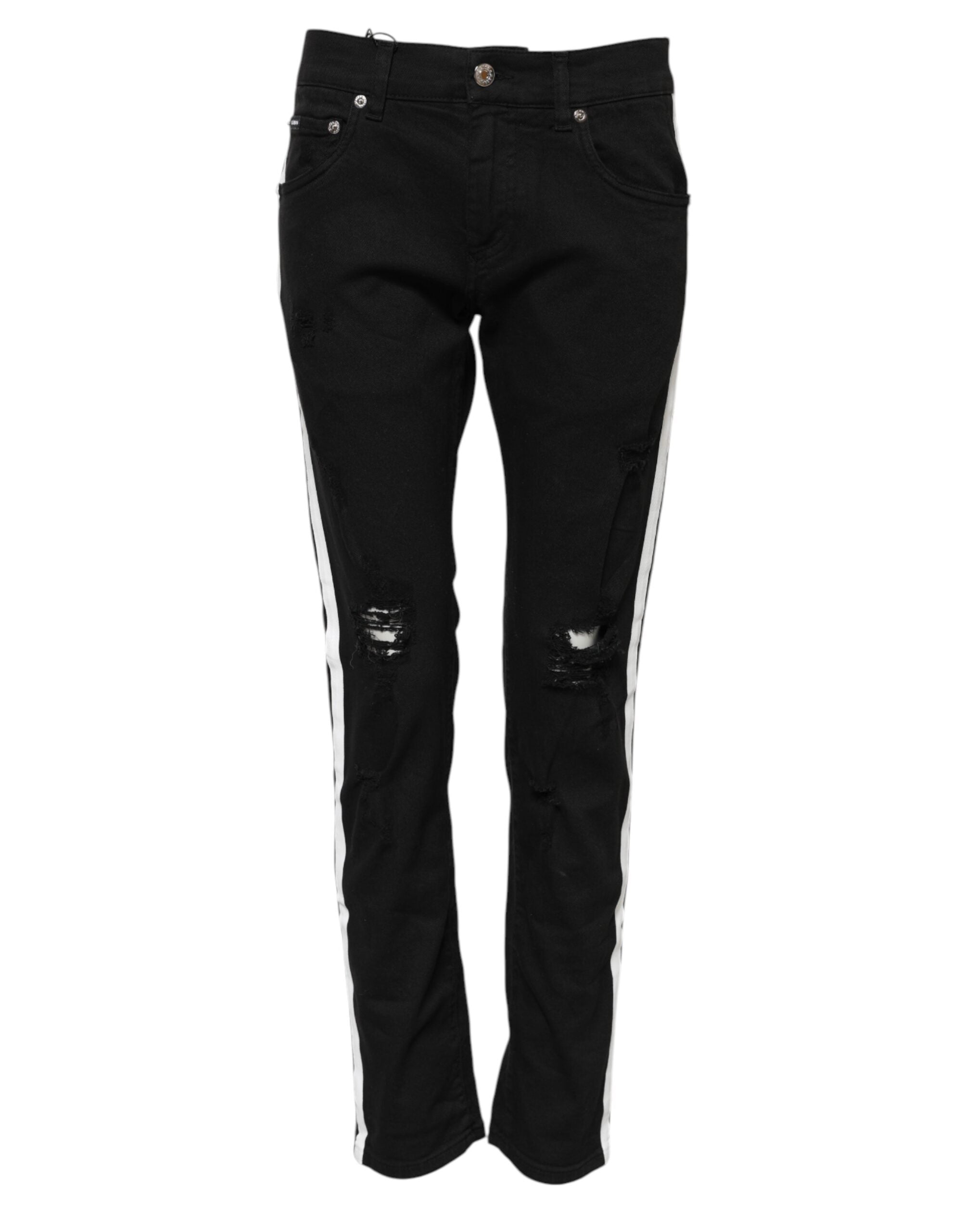 Tattered White Side-Strip Jeans — Black