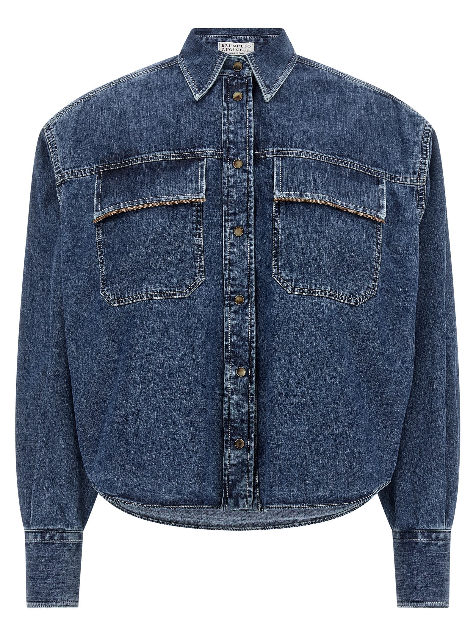 Denim with Monile-Trimmed Pockets Shirt — Blue