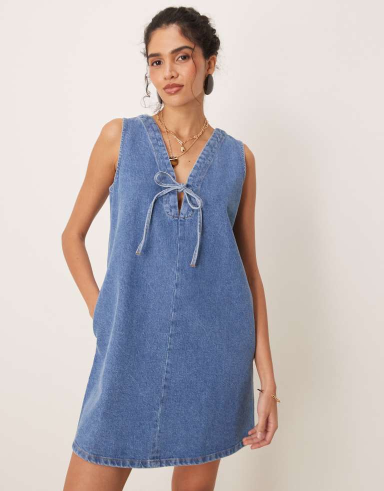 Nobody's Child Womens Lykke a-line denim pinny mini dress in mid wash - Blue