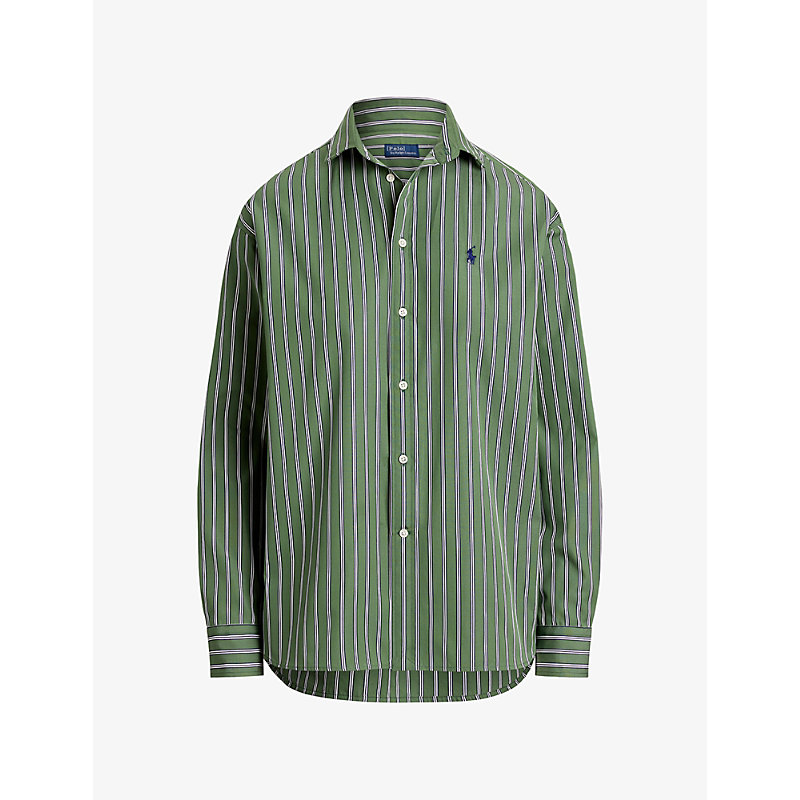 Womens Striped Brand-Embroidered Cotton Shirt