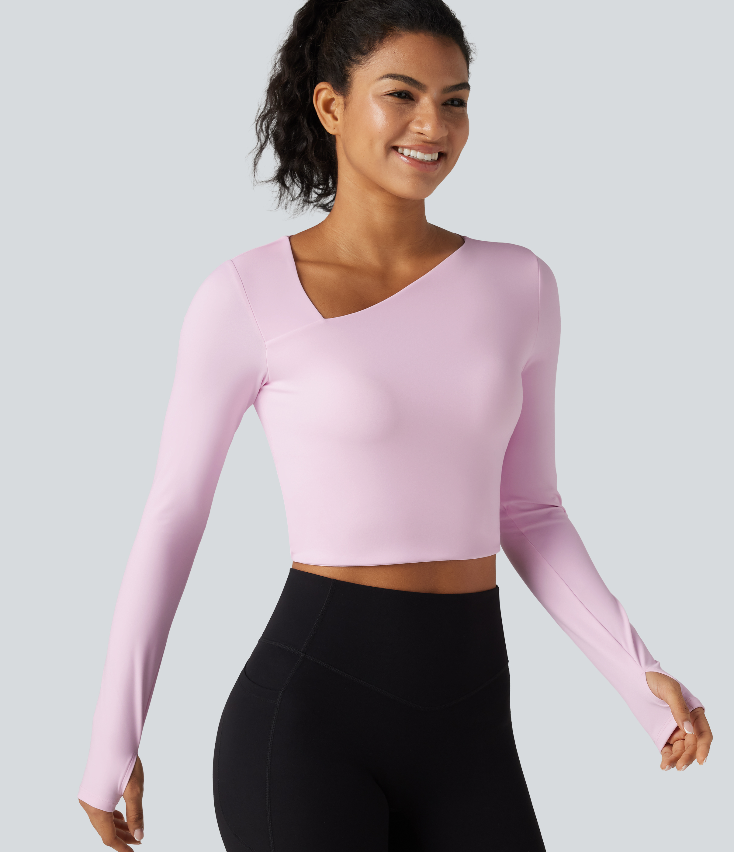 Halara Asymmetric Neck Non-Removable Pad Long Sleeve Thumb Hole Cropped Yoga Sports Top - Cradle Pink