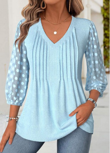 Modlily Light Blue 3/4 Sleeve V Neck Blouse