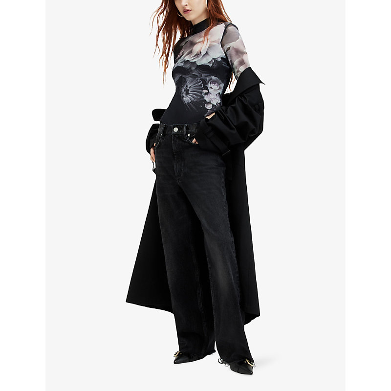 Womens Black Mono Elia Valley Graphic-print Long-sleeve Mesh Bodysuit