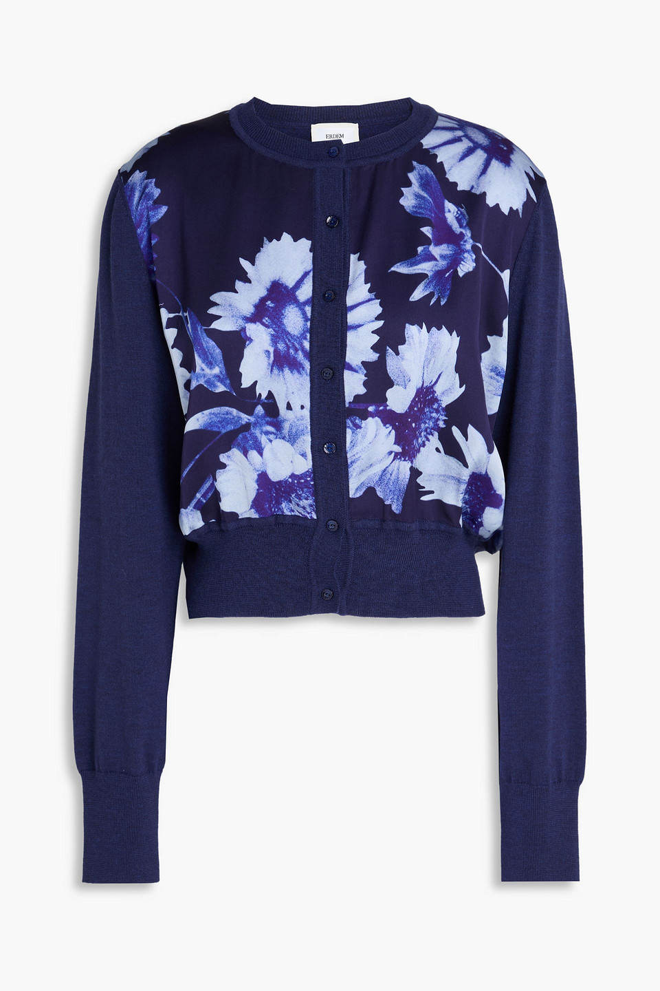 Cropped floral-print satin-paneled merino wool cardigan - Blue - XL