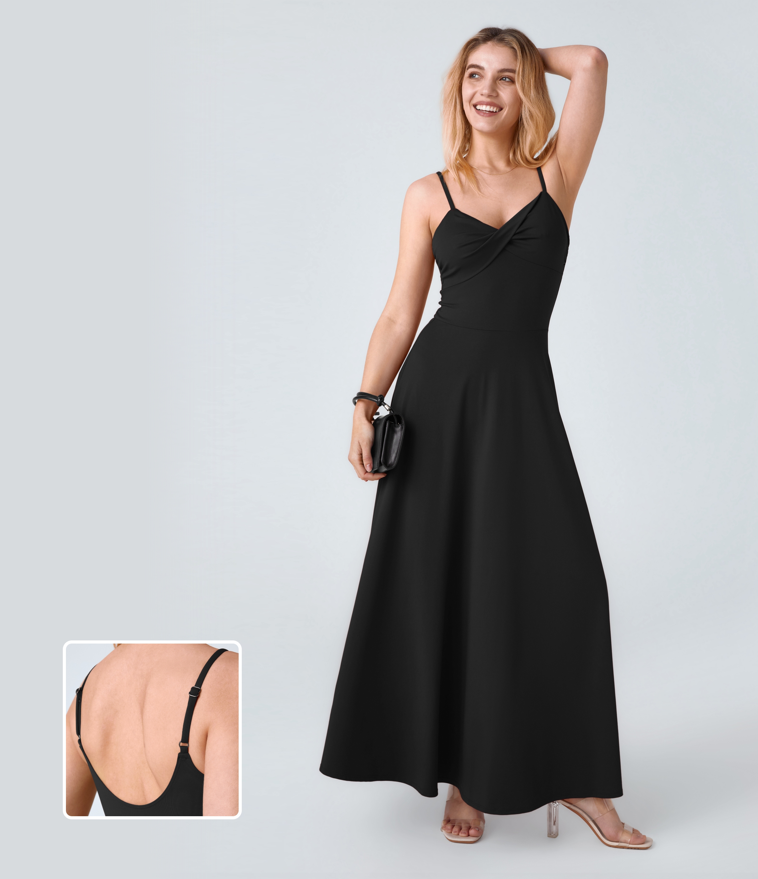 U Back Flare Flowy Maxi Slip Dress Casual Dress - Black