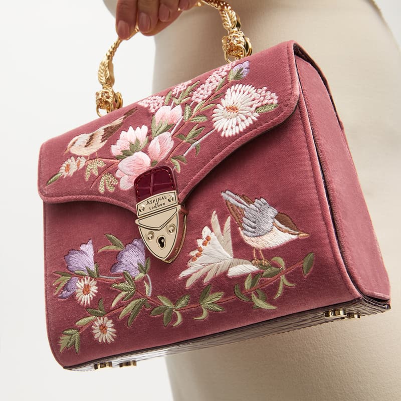 Midi Mayfair Embroidered Bag in English Garden Bird Hand Embroidery on Velvet