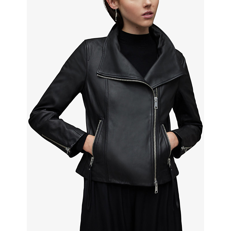 Womens Black Ellis Funnel-neck Leather Biker Jacket