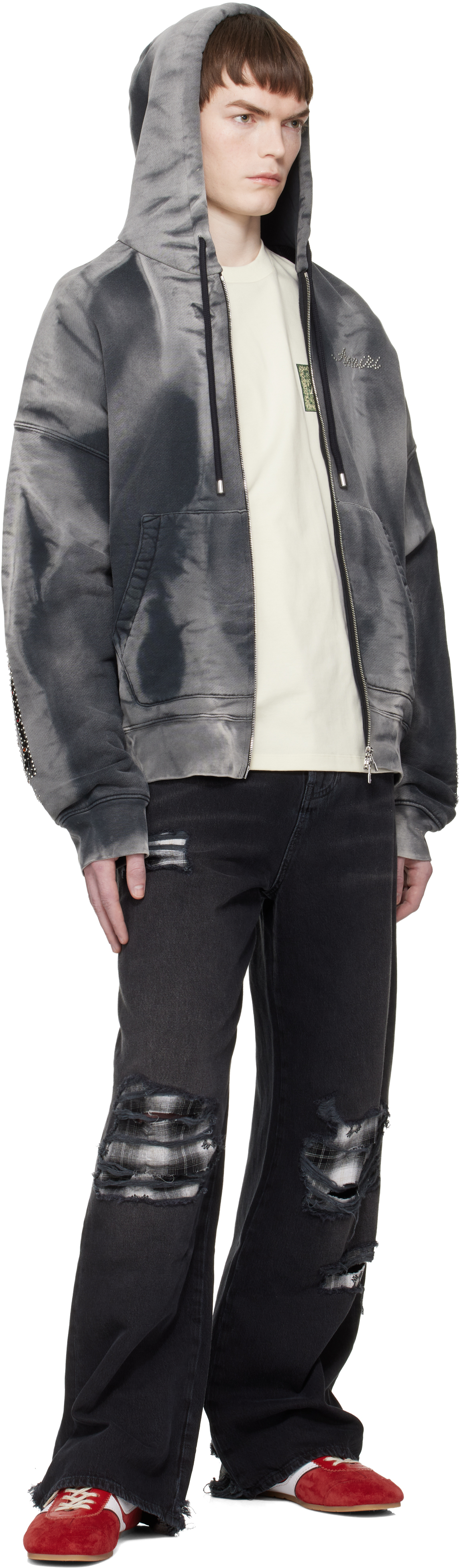 Gray Bones Studded Oversized Zip Hoodie
