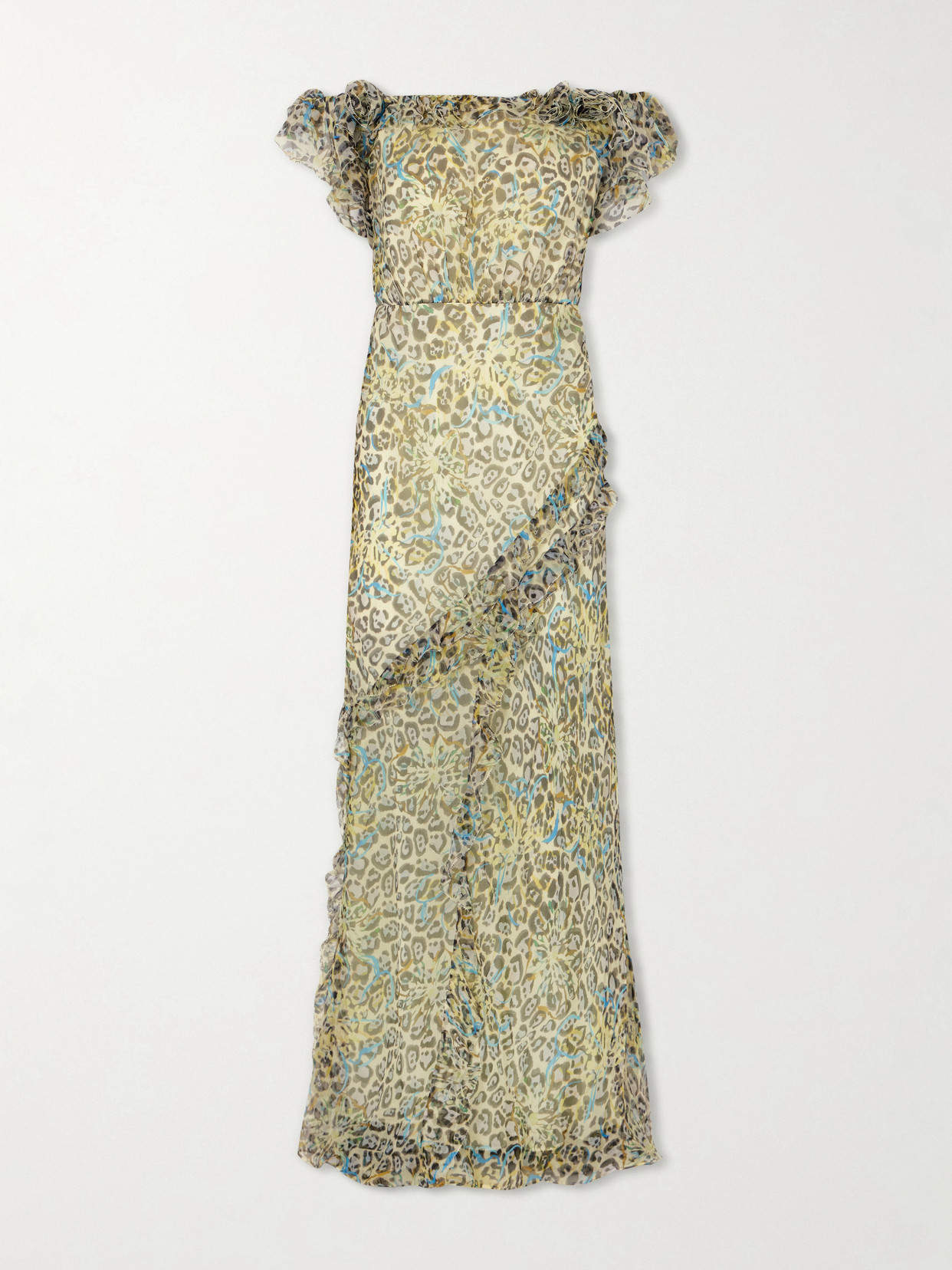 Nina Off-the-shoulder Ruffled Printed Silk Gown