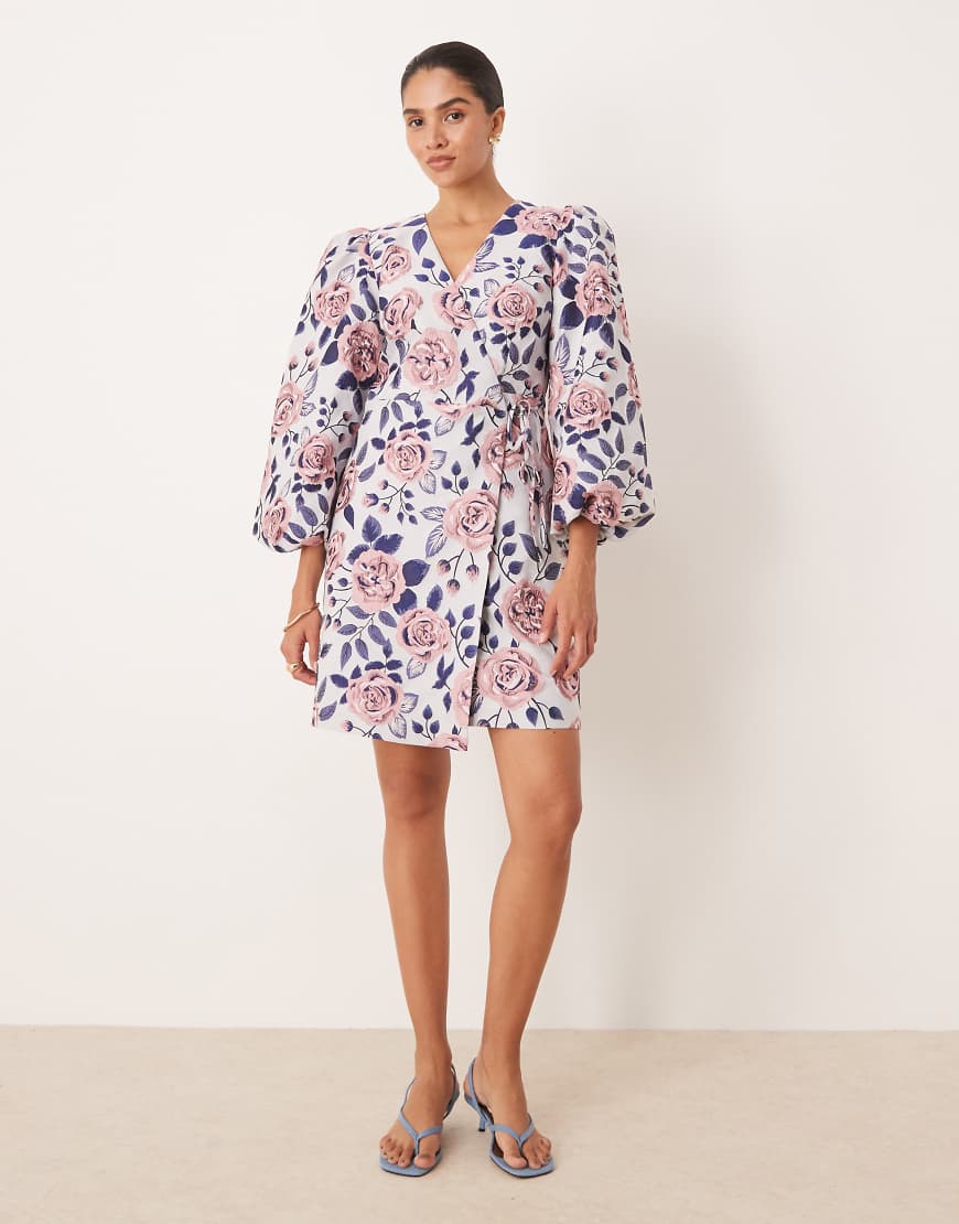 Wrap front structured mini dress in statement floral print-Multi