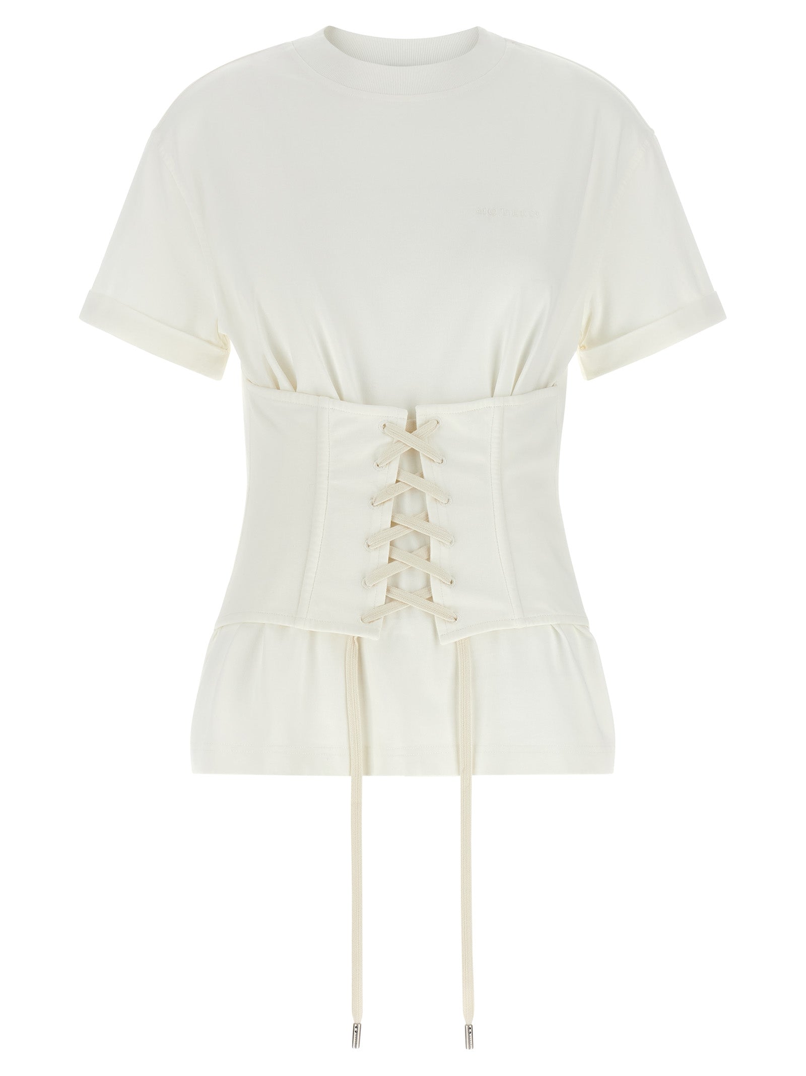 Corset-Laced Cotton Jersey T-Shirt — White