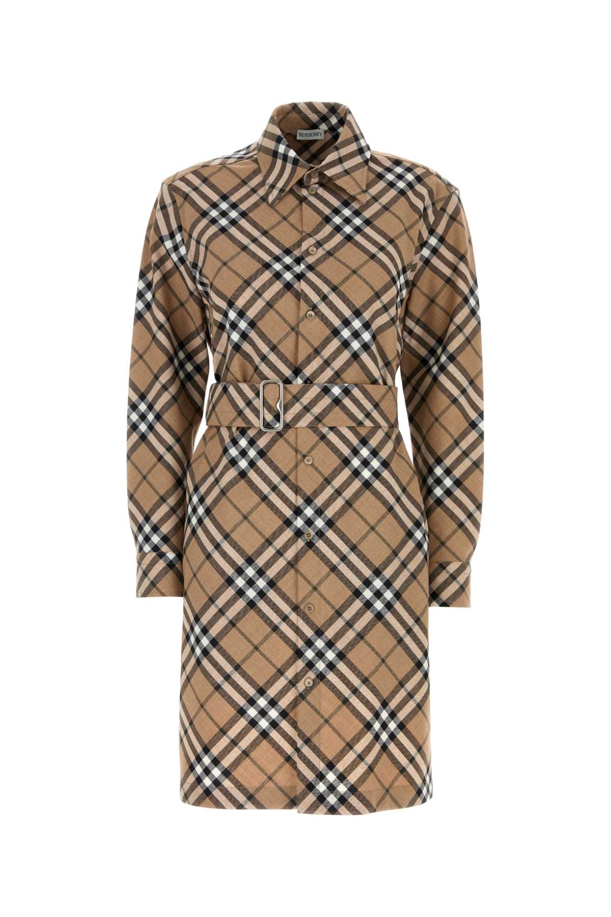 Checked Wool Shirt Dress — Beige