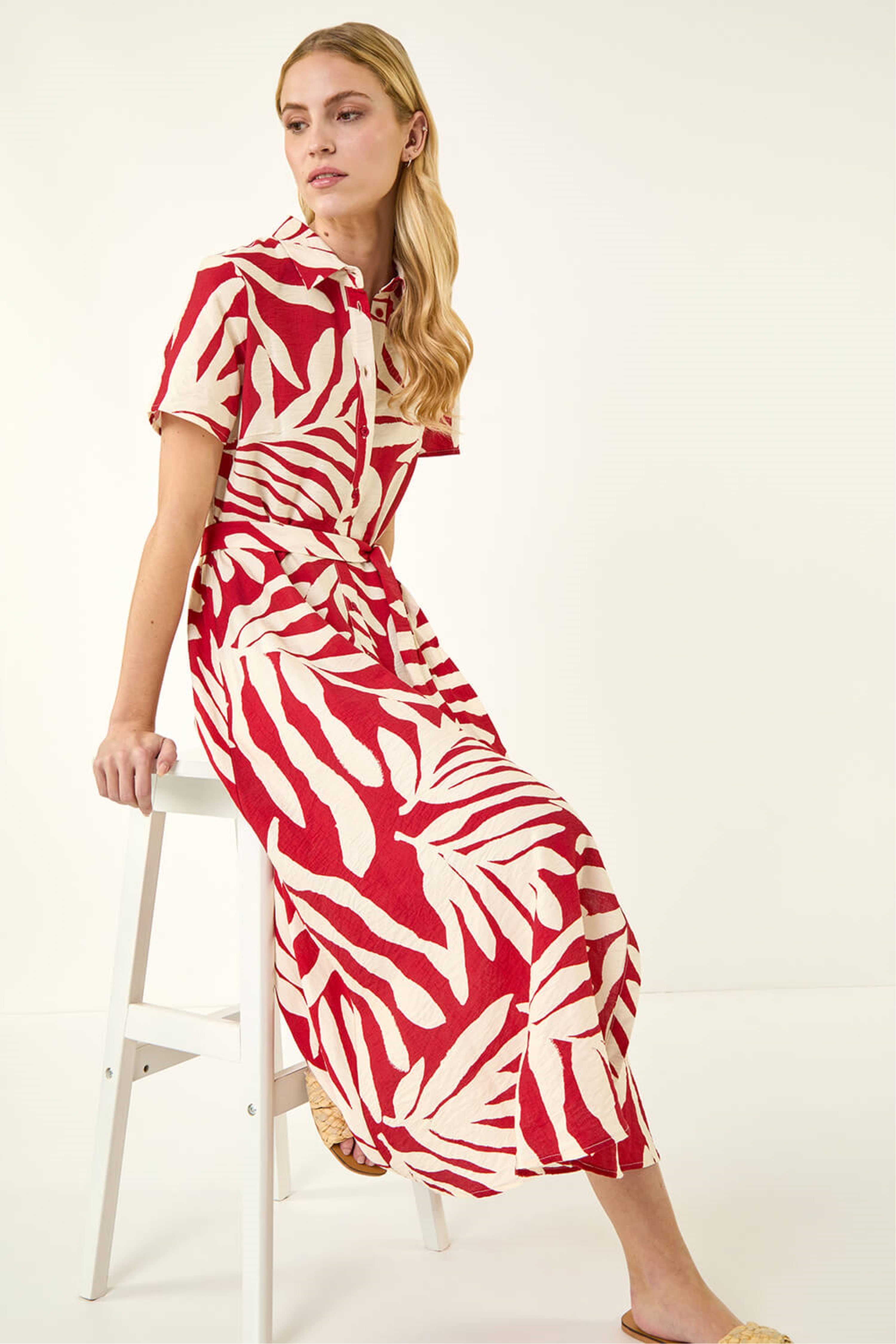 Roman Womens Leaf Print Belted Midi Shirt Dress - Red