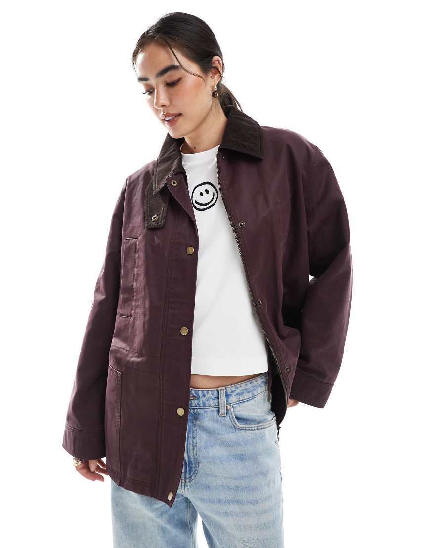 Waxed cinched waist jacket with contrast collar in plum-Purple