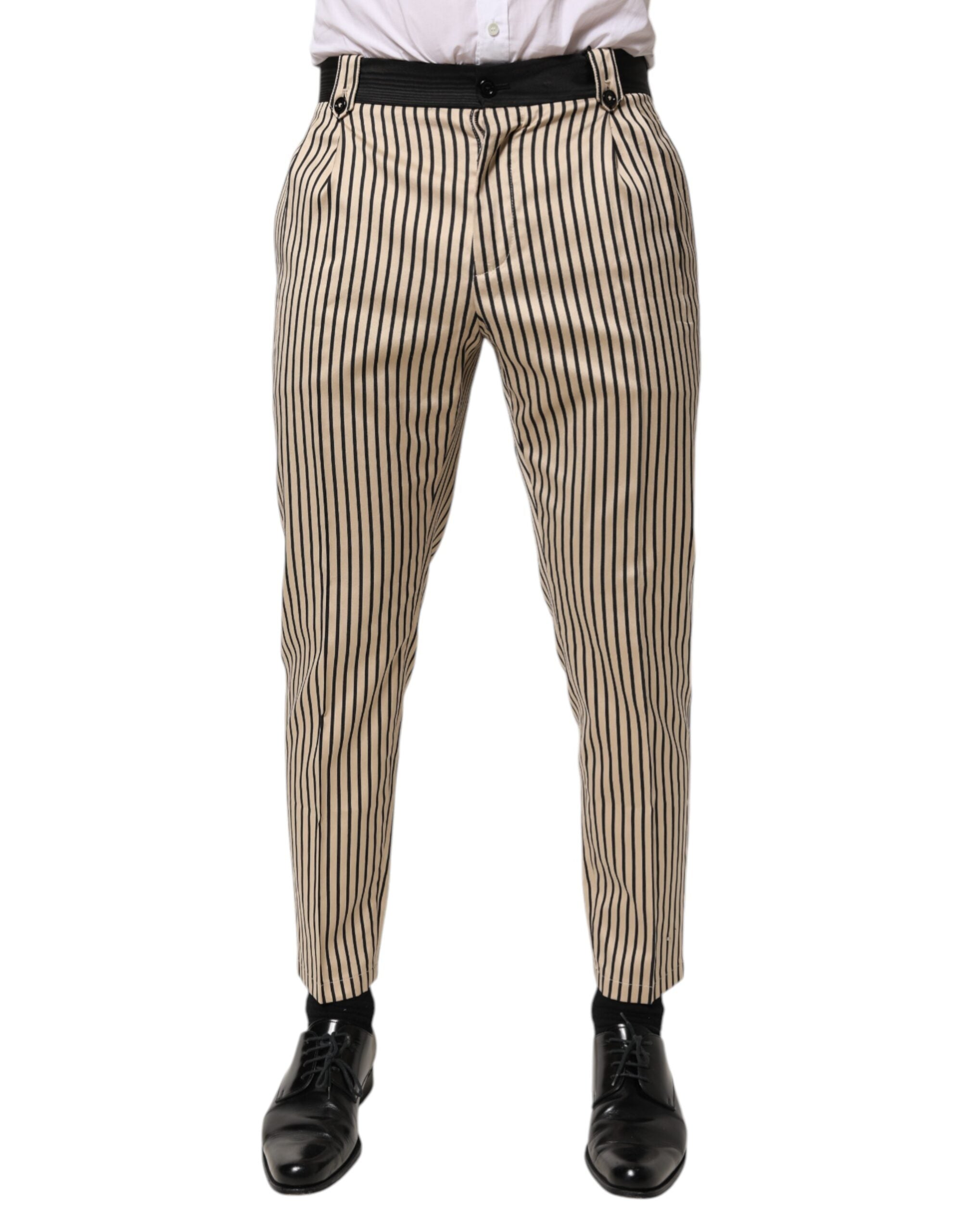 Beige and Black Striped Cotton Trousers — Beige