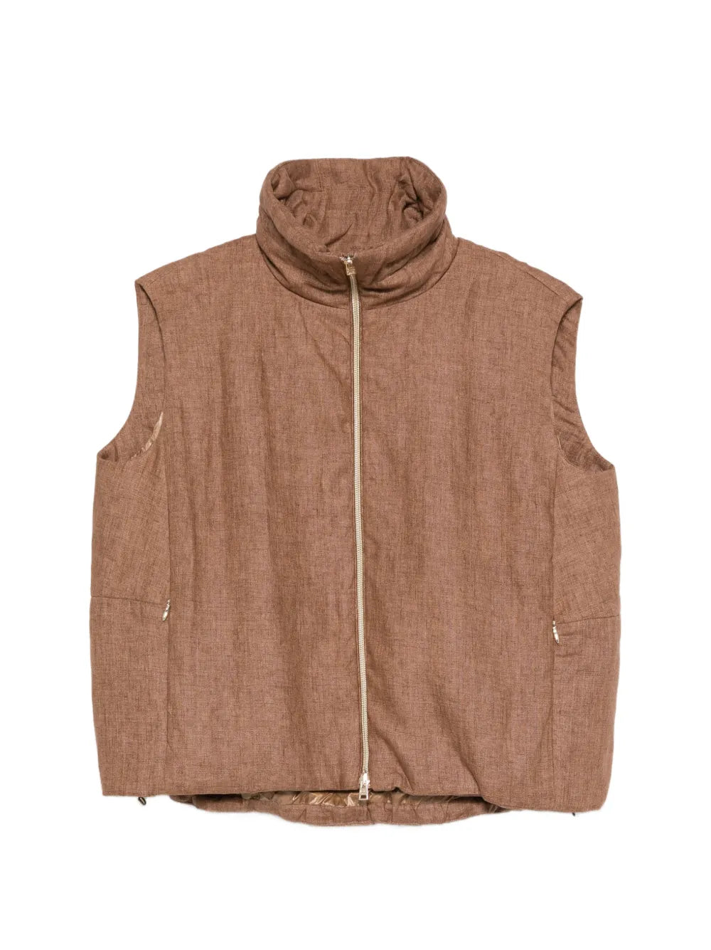 Funnel-Neck Zip Linen Gilet — Tan