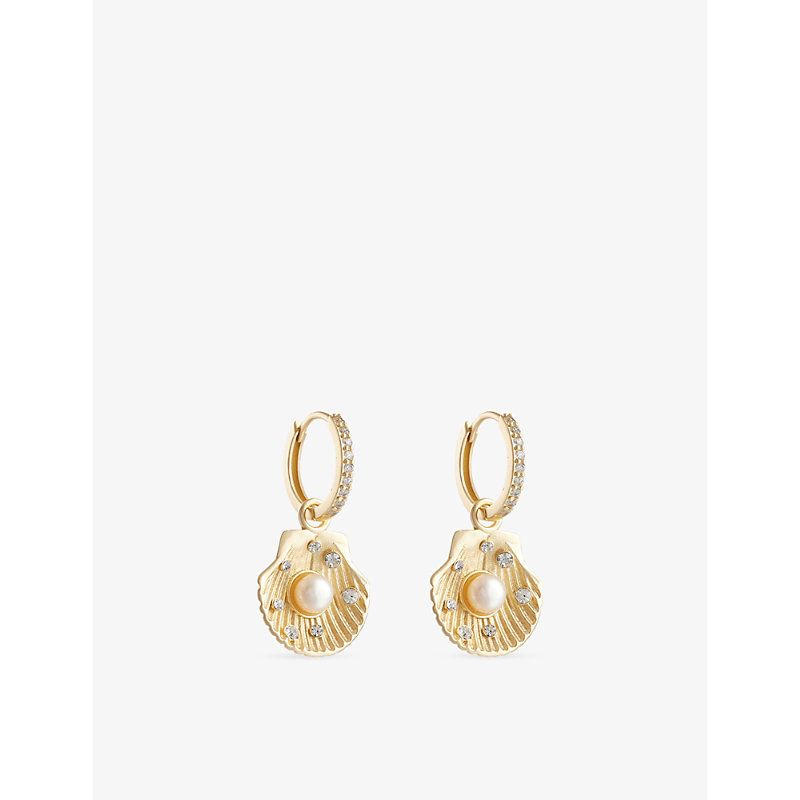 Womens Seashell Pearl Metal Drop Hoop Earrings