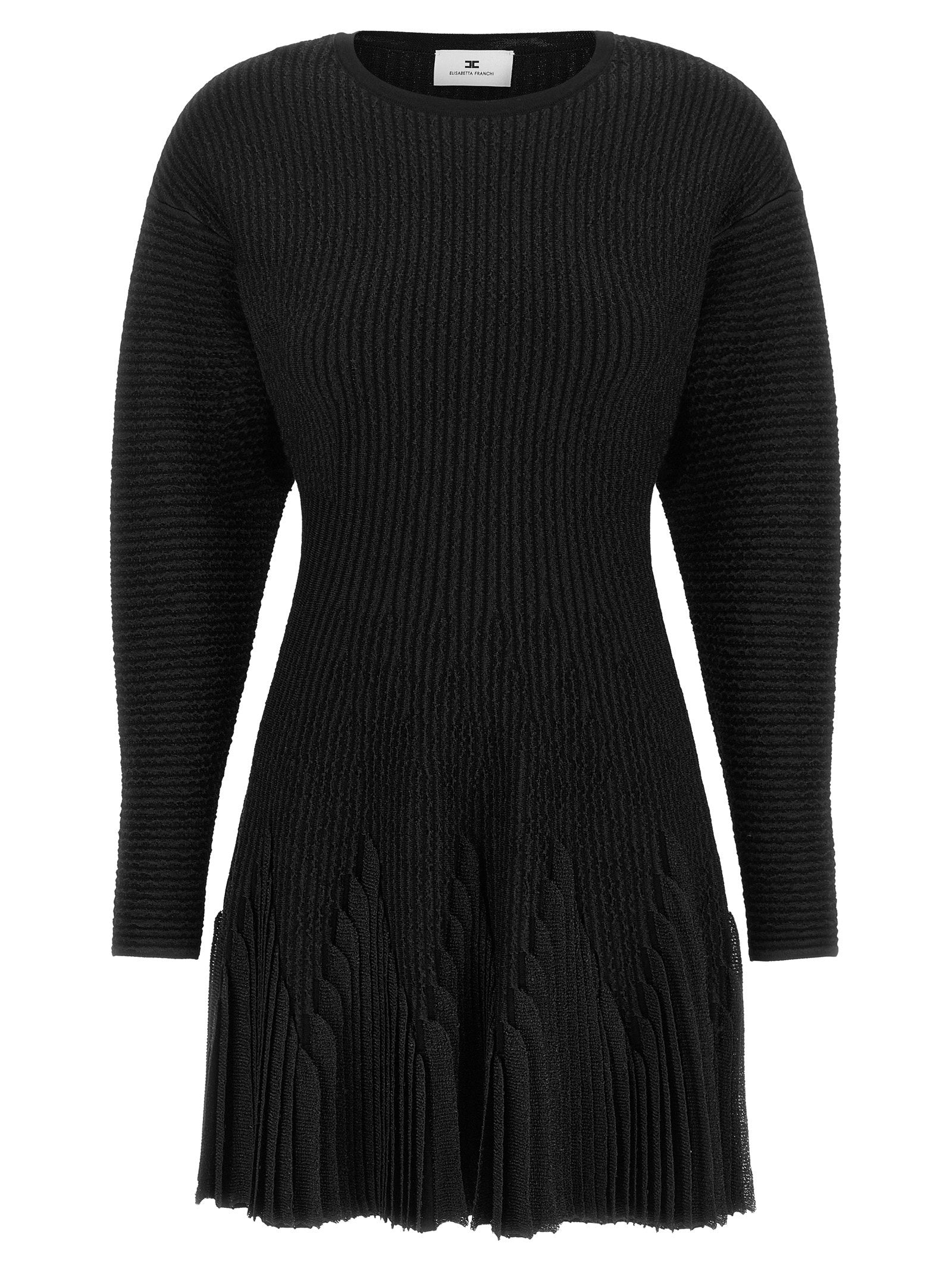 Ribbed Knit Pleated Dress — Black