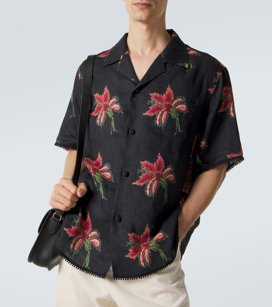 Floral lace-trimmed linen bowling shirt