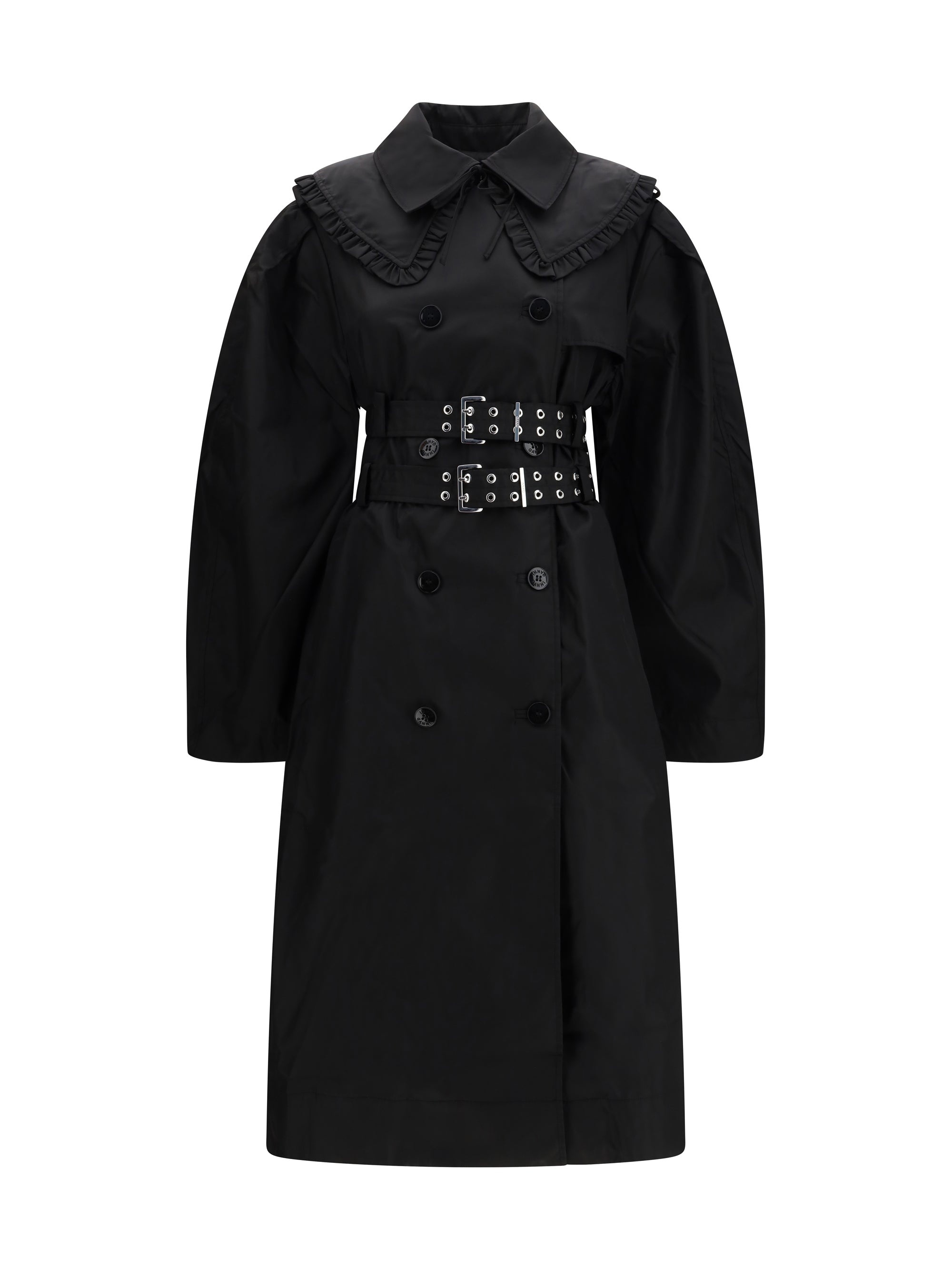 Belted Double-Breasted Nylon Coat — Black