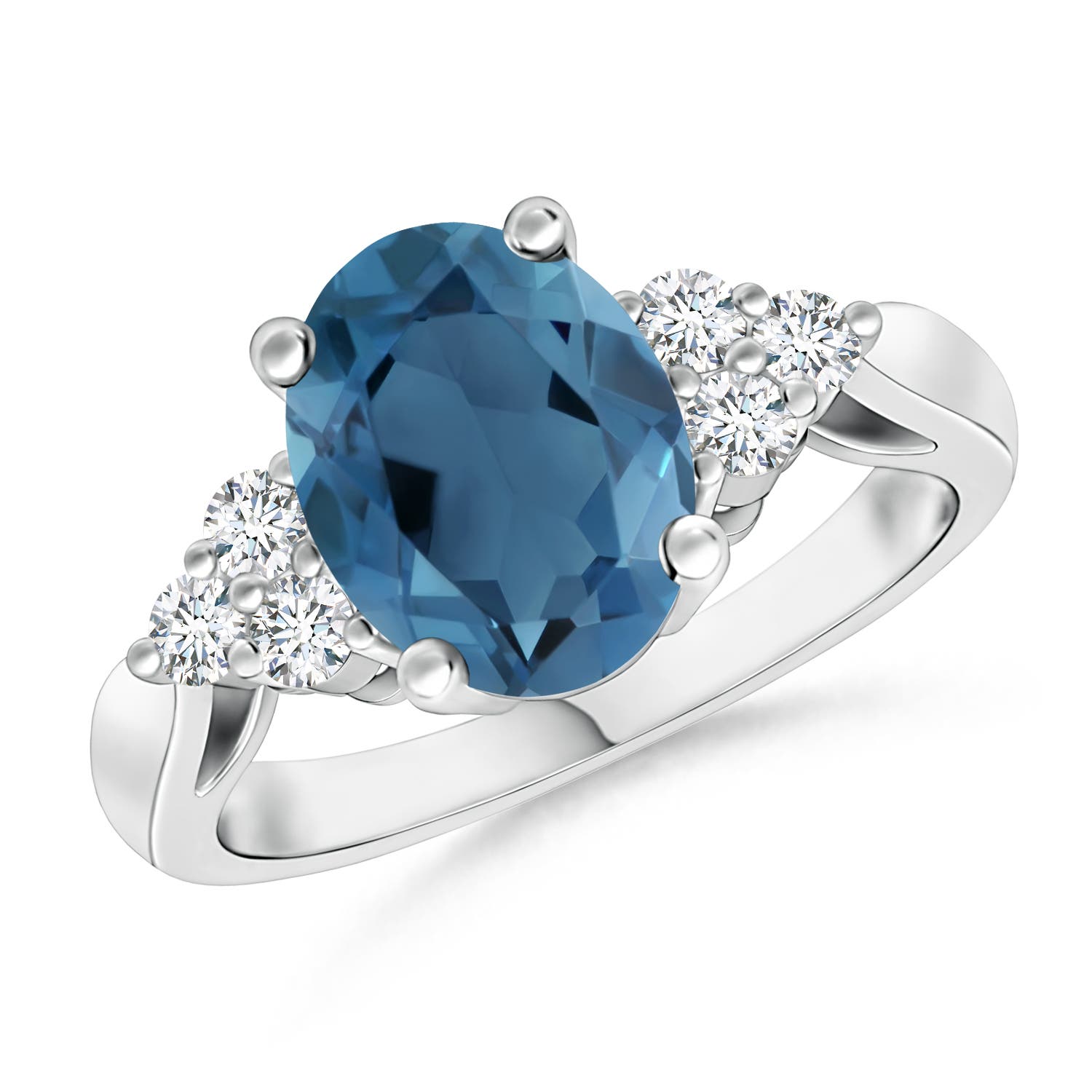 Angara 2.25 Carats Oval London Blue Topaz Cocktail Ring with Trio Diamonds in Platinum