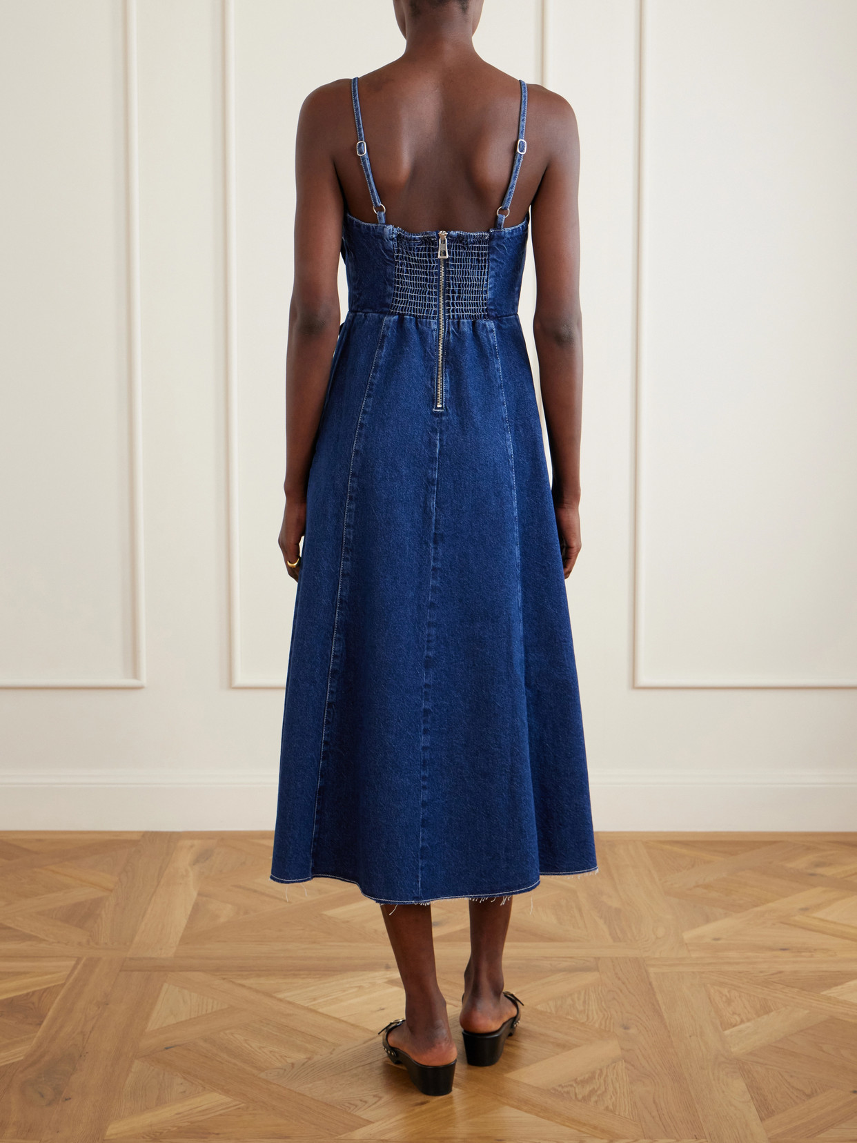 Floral-appliquéd Denim Midi Dress - Blue