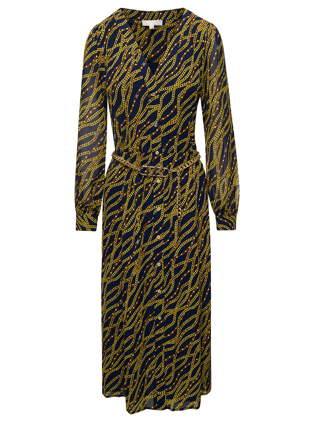Black And Gold-tone Midi Shirt Dess With Chain Print All-over In Polyester Woman
