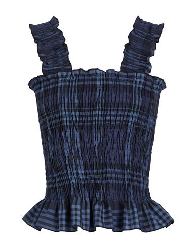 Cotton Check Ruffled Smock Top Woman Top Midnight blue Size 10 Polyester, Virgin Wool, Elastane