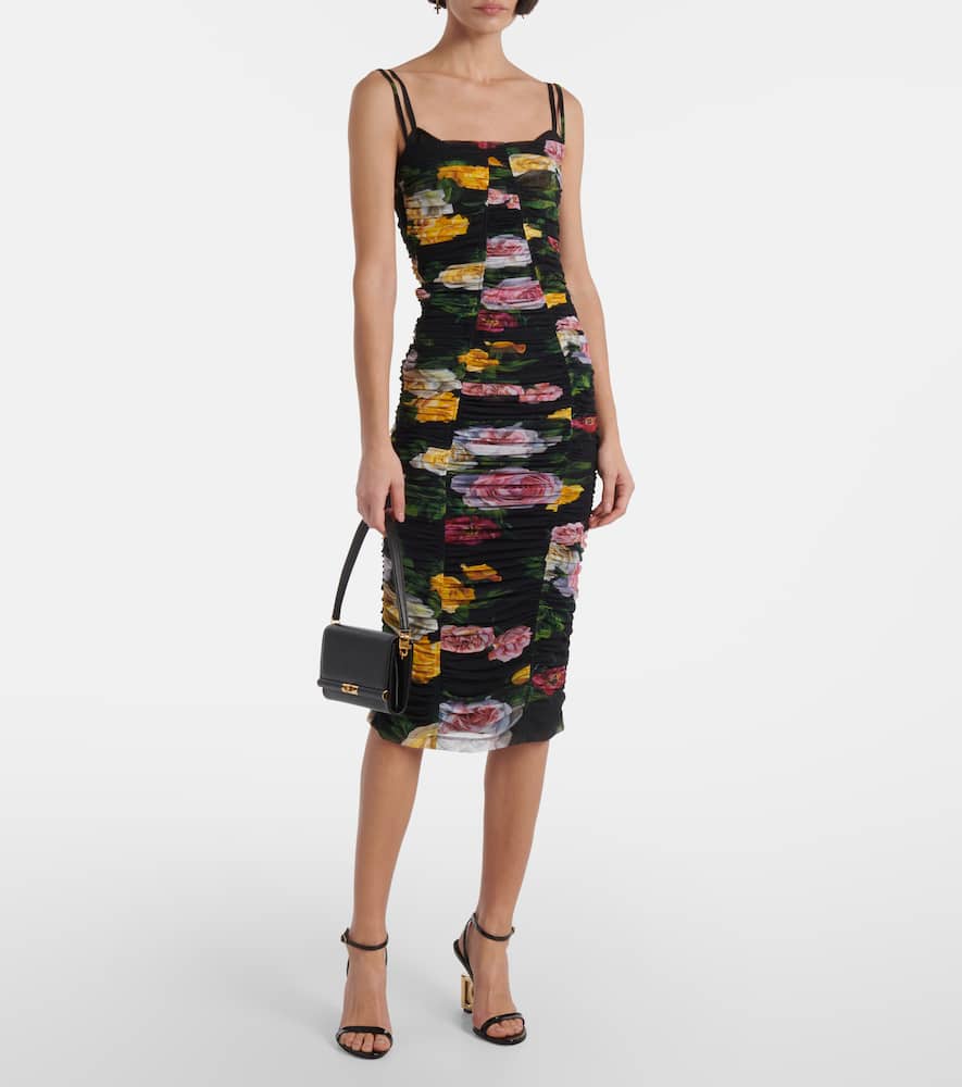 Floral ruched tulle midi dress