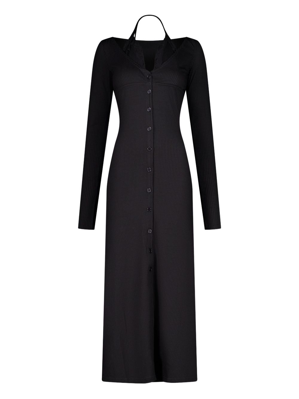 Ribbed long-sleeve button-down maxi dress - Black